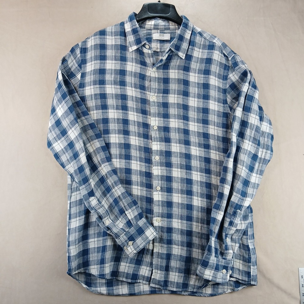 Uniqlo Large Mens Shirt Button Up Long Sleeve 23x29 Plaid Linen